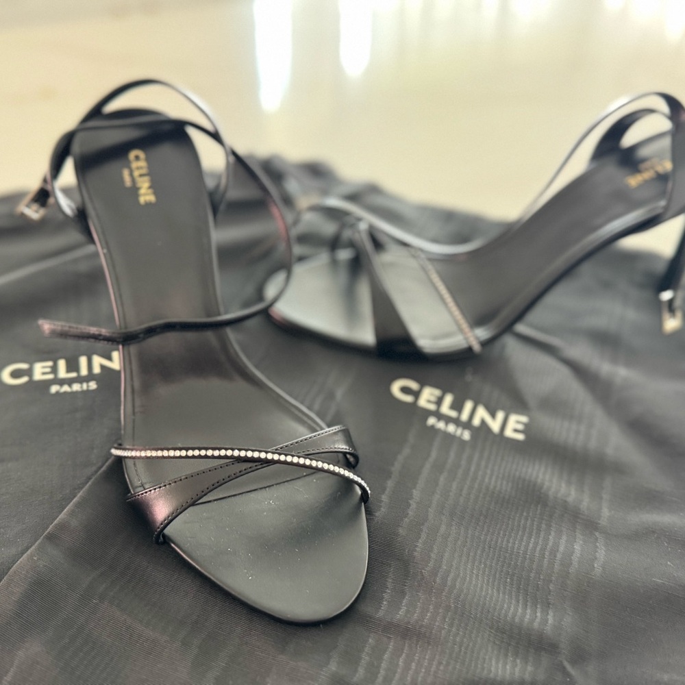 Celine Black Strappy Heels with Silver Accents - Picture 1 of 4
